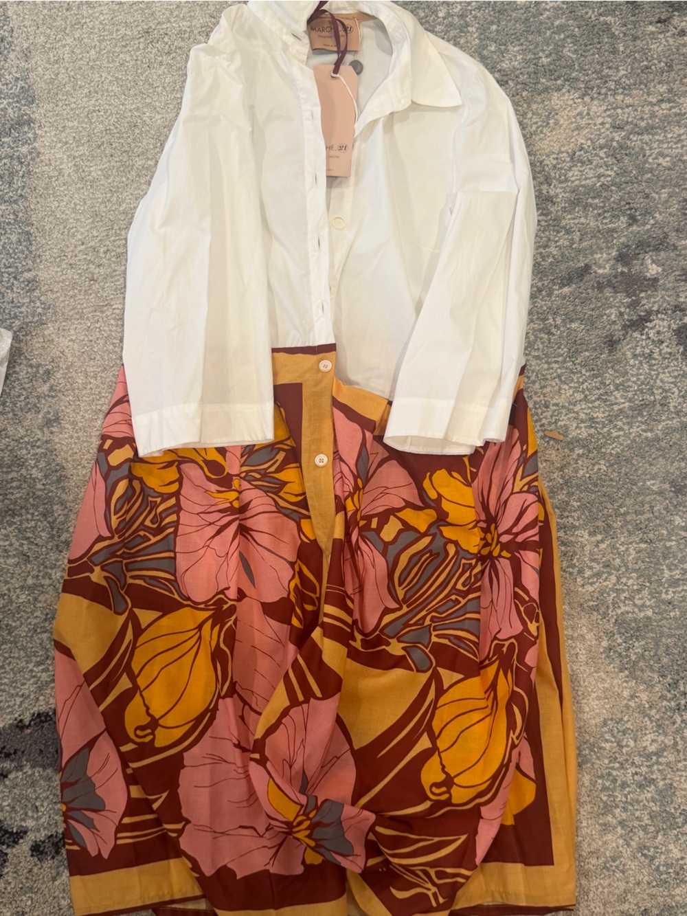 Floral Button-Down Mixed Fabric Blouse in Mustard, Pink & Brown